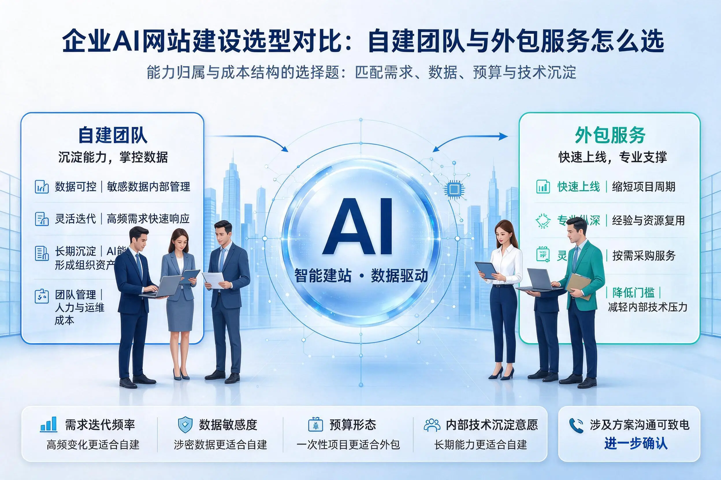 保定企业AI网站建设选型对比:自建团队与外包服务怎么选